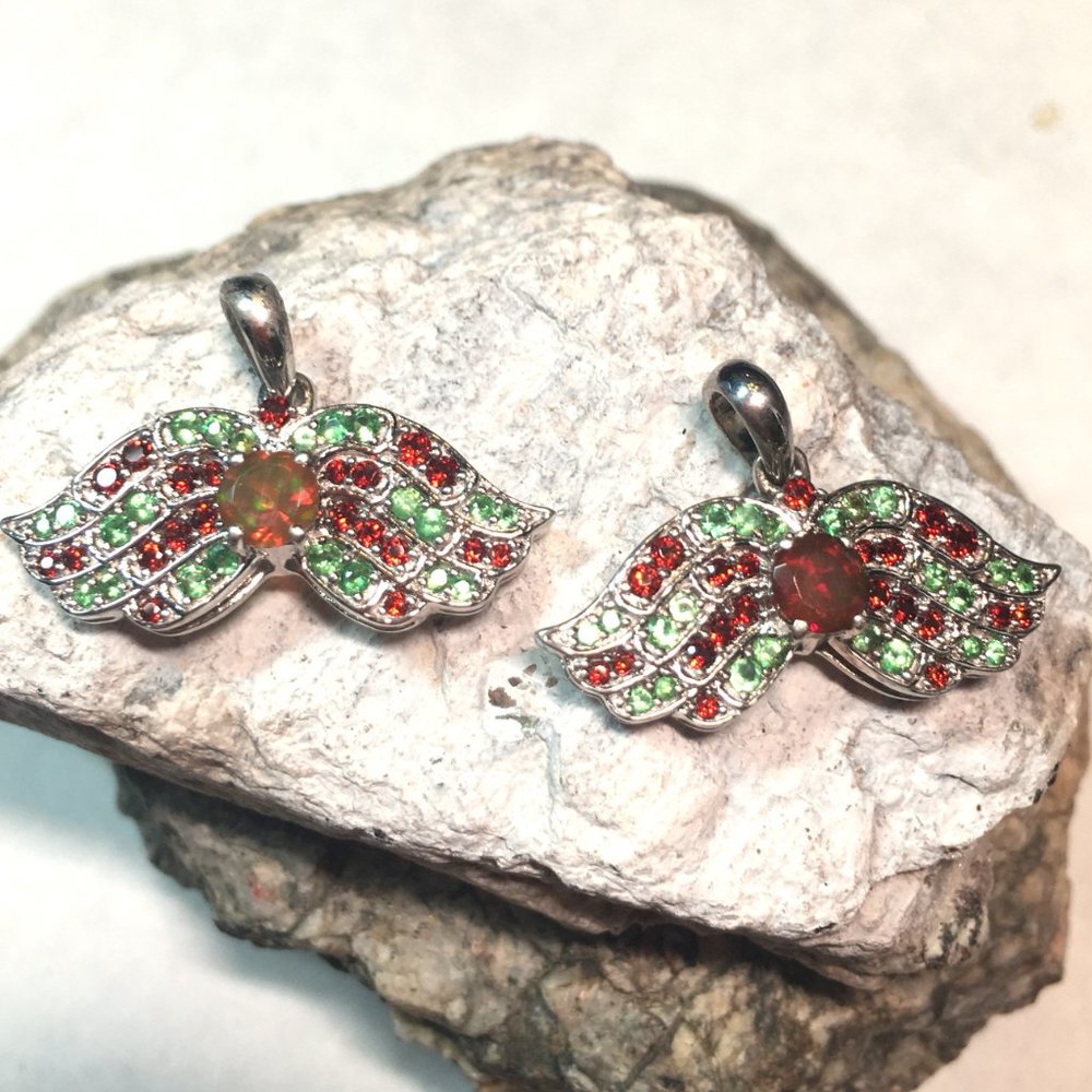 .925 Silver Opal, Tsavorite & Red Garnet Wings Pendant Angel Natural